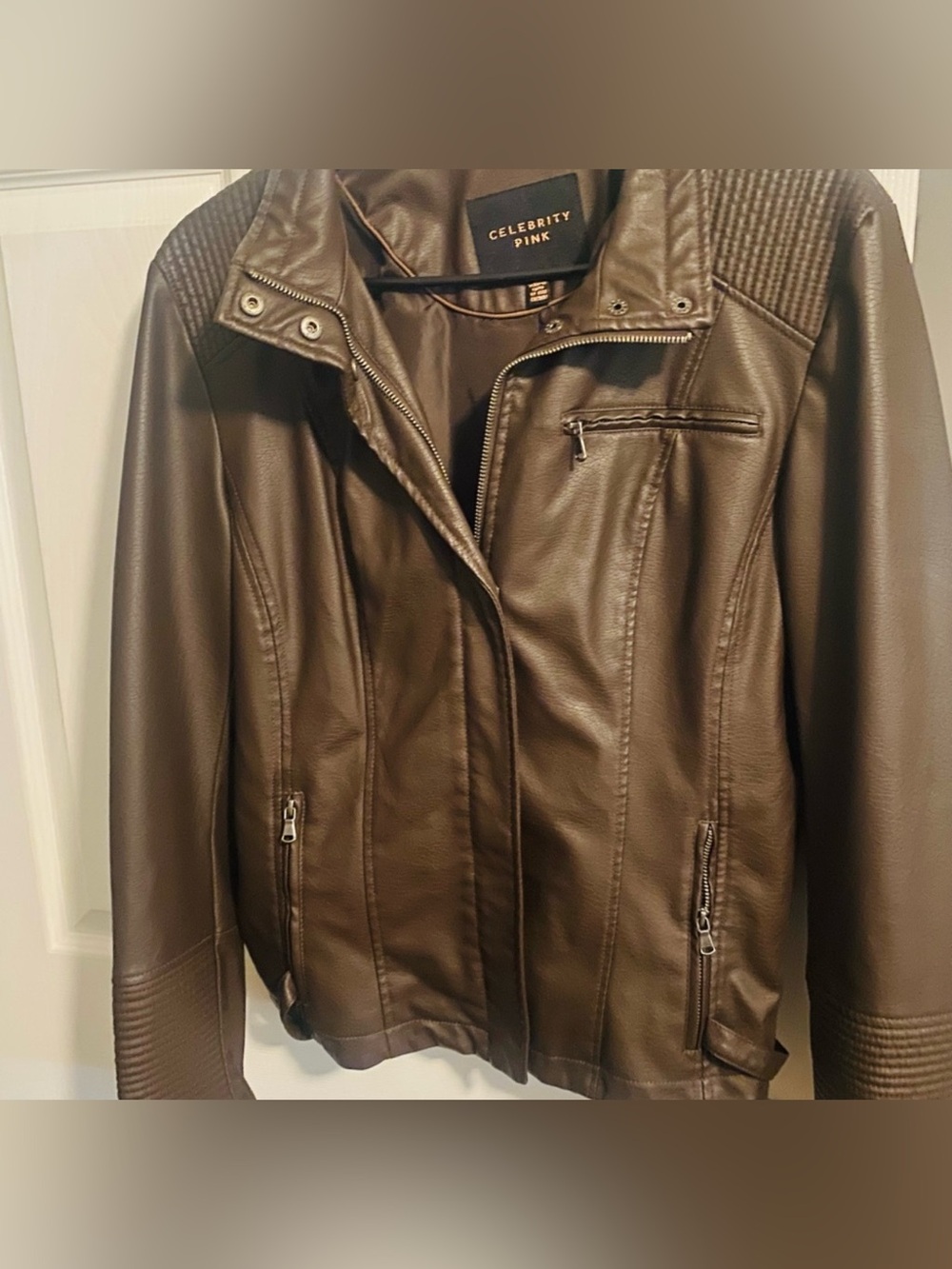 Celebrity Pink Brown Faux Leather Biker Jacket Preloved Large women